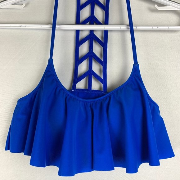PINK Bikini Top Ruffle Razorback blue XS - Picture 3 of 5